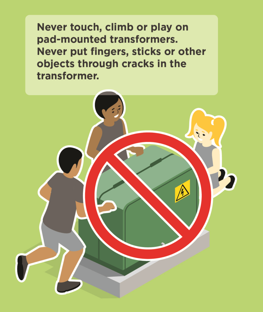 Never touch, climb or play on a pad-mounted transformer.